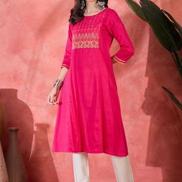 Sangria Geometric Embroidered Thread Work Round Neck A-Line Kurta-17