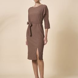 Style Quotient Women Self Design Belted Slits Bodycon Midi Dress-picture-17