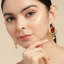 Anouk Gold-Plated Artificial Stone Studded & Beaded Contemporary Drop Earrings-image-76