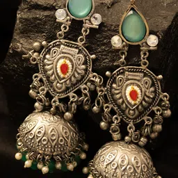 PANASH Silver-Plated Stones Studded And Beaded Contemporary Oxidised Drop Earrings-image-30