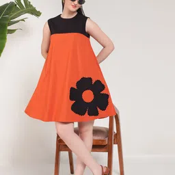 Vibesbydeebaco Women Colourblocked Embroidered Patch Work Sleeveless Cotton A-Line Dress-image-11