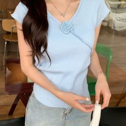 KPOP Women V-Neck Floral Applique Cotton Top-picture-38