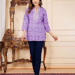 L.H HANDICRAFTS Printed Embroidered Mandarin Collar Cotton Tunics-picture-24