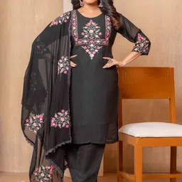 JAPNAAM Floral Embroidered Georgette Round Neck Straight Kurta With Trousers And Dupatta-image-43