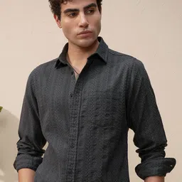 HIGHLANDER Textured Cutaway Collar Slim Fit Cotton Shirt-image-95