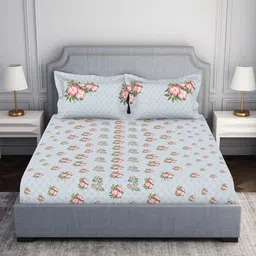 SPACES Grey & Pink Floral 100% Cotton 130 TC Queen Bedsheet with 2 Pillow Covers-image-23