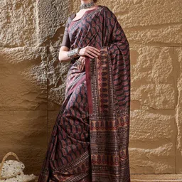 Mitera Ajrak Block Silk Blend Dabu Saree image 2