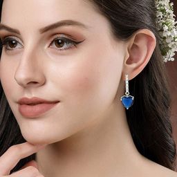 PRIVIU Silver-Plated American Diamond Studded Heart Shaped Drop Earrings-image-99