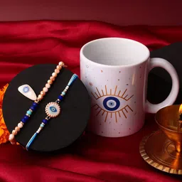 PANASH Set Of 5 Stone-Studded & Beaded Rakhi With Printed Mugs Greeting Card & Roli Chawal-17