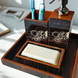 THE HOME CO. Black 4 piece Abstract Wood Bath Accessories Set-image-98
