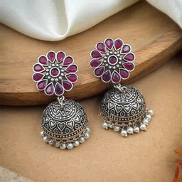 NAMAN ARTS Silver-Plated Artificial Stones Studded & Beaded Dome Shaped Oxidised Jhumkas-13