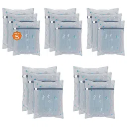 Kuber Industries 15 Pieces White & Blue Cactus Printed Reusable Laundry Bags With Zipper-22