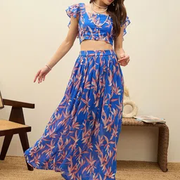 SASSAFRAS Floral Printed Crop Top With Skirt Co-Ords-image-5