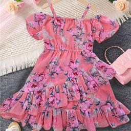 KAARIGARI Girls Floral Print Georgette Fit & Flare Midi Dress-image-92
