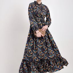 OTABU Women Floral Printed Tie-Up Neck Puff Sleeves Fit and Flare Maxi Dress-image-26