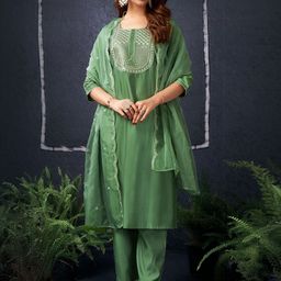 SANISA Floral Embroidered Round Neck Sequinned Straight Kurta With Trousers & Dupatta-image-26