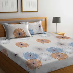 Aura Beige & Multicoloured Graphic 300 TC King Bedsheet with 2 Pillow Covers-17