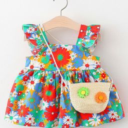 YK Girls Floral Printed Square Neck Flutter Sleeves Cotton Fit & Flare Dress-picture-30