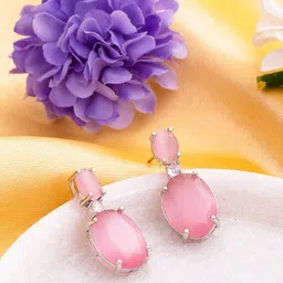 Manikya Rhodium-Plated American Diamond Studded Oval Shaped Drop Earrings-48