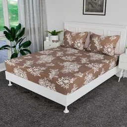 Aura Brown & White Floral Printed 144 TC Cotton King Bedsheet Set 2.29 m x 2.54 m-image-10