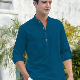 Yugnik Men Slim Fit Long Sleeve Mandarin Collar Cotton Short Kurta-image-93
