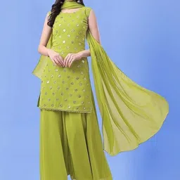 PARROT CREATION Geometric Embroidered Sequinned Georgette Kurti with Sharara And Dupatta-image-99