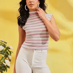 CORSICA Women Pink & White Stripe High Neck Crop Top-picture-45
