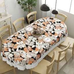 Clasiko Orange Floral Anti-Slip Plastic Oval 8-Seater Table Cover-41