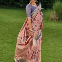 Mitera Floral Printed Zari Saree With Unstiched Blouse Piece-picture-0