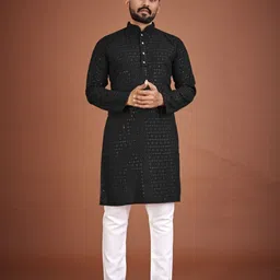 PulseIQ Floral Embroidered Mandarin Collar Chikankari Straight Kurta-image-15