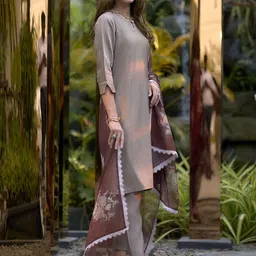 SHREE LAXMINARAYAN EXPORT Liva Round Neck A-Line Kurta With Trousers & Dupatta image 3