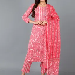 KALINI Floral Printed Thread Work Pure Cotton Straight Kurta With Trousers & Dupatta-picture-17