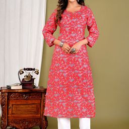 GUDWEARS Floral Printed Notch Neck Pure Cotton Kurta-image-85