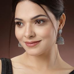 Sangria Set Of 3 German Silver-Plated Artificial Beaded Oxidised Jhumkas-76