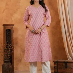 Span Floral Printed Angrakha V-Neck Pure Cotton A-Line Kurta With Trouser-8