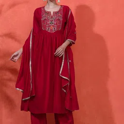 Sangria Women Embroidered Anarkali Kurta With Trousers & Dupatta-20