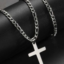 Peora Men Silver-Plated Stainless Steel Geometric Cross & Figaro Pendant With Chain-picture-41