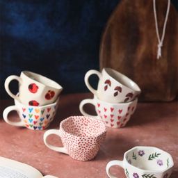 WEAVING HOMES Red & White 6 Pieces Printed Ceramic Glossy Cups 220ml-4