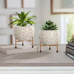 Homspurts 2-Pcs White & Brown Textured Metal Planters-3