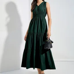 Jash Creation Women Green Solid V-Neck Sleeveless Tiered & Smocked Flared Maxi Dress-picture-13