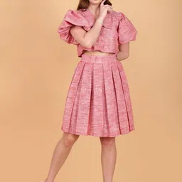 COORDSHUB Pure Cotton Collared Neck Half Sleeve Top With Skirt Co-Ords-image-67