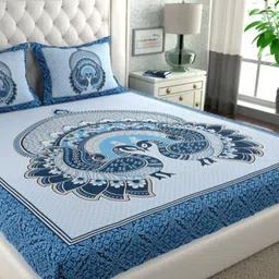 Lali Prints Blue & Grey Printed Cotton 180 TC Queen Bedsheet Set 2.28 m x 2.54 m-picture-0