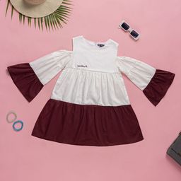 Purple United Kids Girls Colourblocked Round Neck Flared Sleeve Cotton Fit & Flare Dress-picture-20