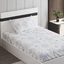 Home Centre Oxford Blue Floral Cotton 200 TC Fitted Single Bedsheet Set-2.28 m x 1.52 m-image-96
