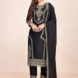NARI DREAM Floral Embroidered Sequinned Satin Straight Kurta With Trousers & Dupatta-picture-19
