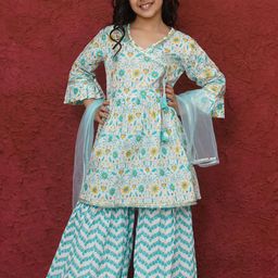 Aj DEZInES Girls Floral Printed Gotta Patti Pure Cotton Kurti with Sharara & Dupatta-image-93