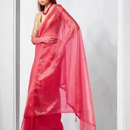 ODETTE Red Net Solid Saree With Unstitched Blouse For Women image 3