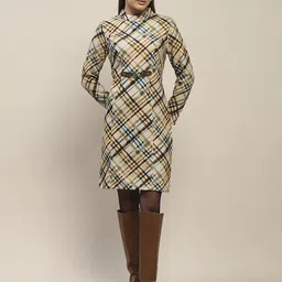 Madame Women Checked Mock Neck Sheath Dress-image-55