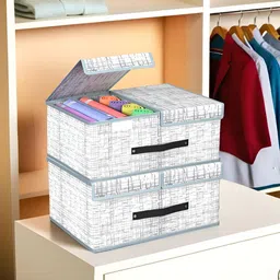 Aura Grey 2 Pieces Grey & White Printed Foldable Double Lid Multi-Utility Jute Organisers-13