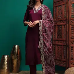 Sangria Women Ethnic Motifs Embroidered Kurta With Trousers & Dupatta-picture-26